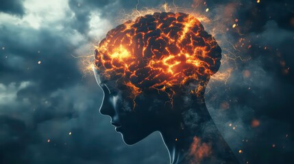 Aufkleber - A silhouette of a head with a glowing brain, symbolizing thoughts and creativity.