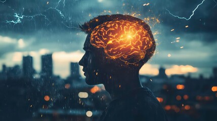 Aufkleber - A silhouette of a person with a glowing brain, symbolizing thought and creativity.