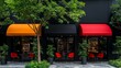 © Chananporn - Facade of modern cafe with colorful awnings and greenery, inviting atmosphere.