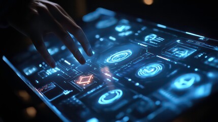 Poster - A futuristic interface with glowing icons and data, suggesting advanced technology interaction.