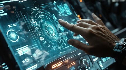 Poster - The digital screen is touch-sensitive and displays holographic icons