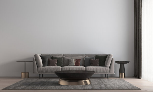 The modern home and interior design concept of lounge and living room and cozy sofa set and empty white wall background. 3D rendering 