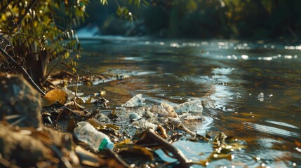 Poster - A polluted river surrounded by a forest, highlighting the issue of environmental waste