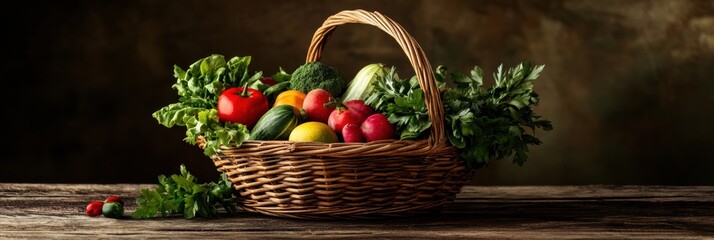 Aufkleber - A wicker basket brimming with colorful vegetables and fruits sits on a rustic wooden table, showcasing fresh, natural produce. Generative AI