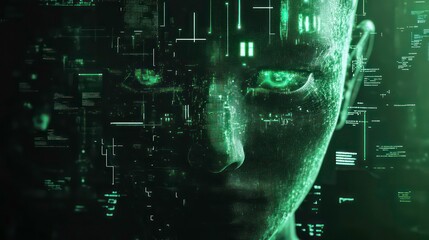 Poster - A digital face composed of green data streams and patterns, symbolizing technology and AI.
