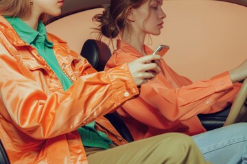 Aufkleber - Two women sitting in a vehicle, focused on their mobile devices