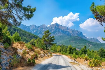 Poster - A scenic view of a winding road surrounded by nature with a mountain in the background, ideal for use as a wallpaper or in travel brochures