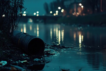 Aufkleber - A trash can sits in the middle of a river, surrounded by water