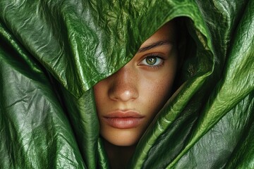 Poster - Close-up of a person wearing a leaf as a mask, ideal for using in creative projects where you need to convey mystery or disguise