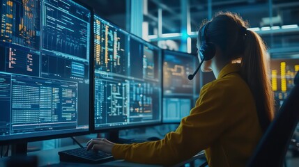 Poster - A person monitors multiple screens displaying data and analytics in a tech environment.