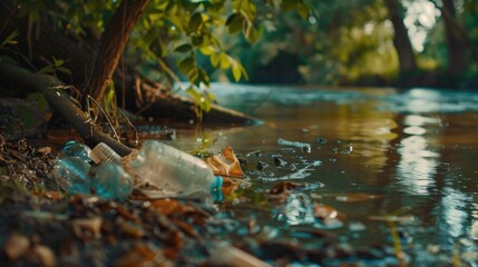 Poster - A polluted water scene with trash and debris