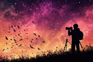 Aufkleber - A person photographing a group of birds in flight, with a camera and a steady gaze