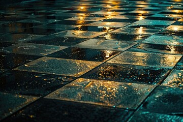 Poster - A close-up of a checkered floor with raindrops glistening on the surface