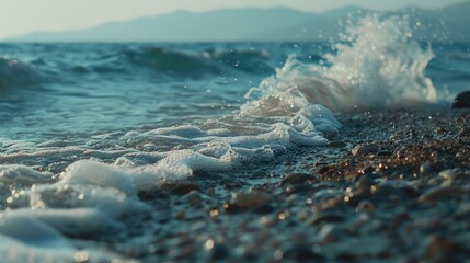 Poster - A detailed view of a crashing wave on a sandy beach, ideal for use in travel or nature-themed projects
