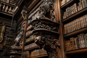 Poster - Books stacked on shelves in a quiet library setting