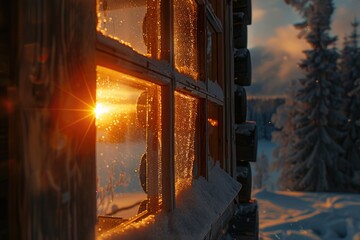 Poster - A warm and cozy scene with sunlight streaming through a cabin window