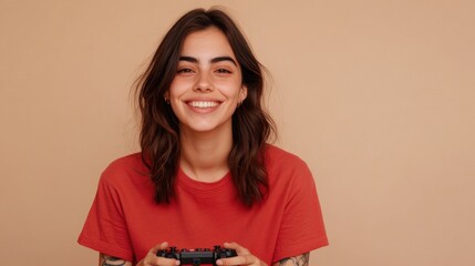 Poster - A woman sitting with a video game controller, focused on her gaming experience