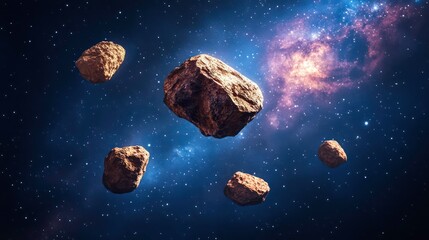 Poster - The meteor asteroids stones floating in outer space on background with a galaxy in the background.