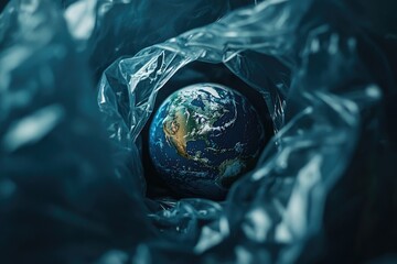 Poster - A close-up view of a plastic bag containing the earth, often found in pollution and environmental issues