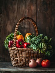 Aufkleber - A wicker basket brimming with vibrant vegetables and fruits rests on a wooden table, reflecting a rustic kitchen atmosphere. Generative AI