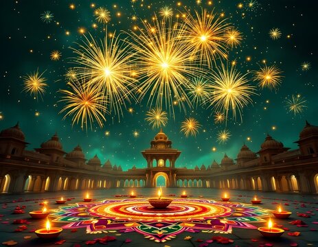 Elegant Green Background with Glowing Gold Mandalas and Rangoli Design