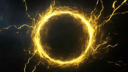 Poster - The plasma glows electric yellow hologram isolated on transparent, with lightning round frames overlayed on black