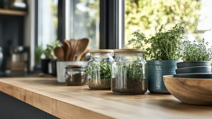 A minimalist wooden counter with neatly arranged