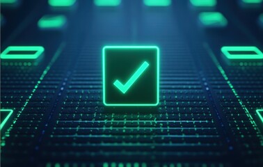 Poster - A digital representation of a glowing checkmark on a sleek, futuristic background, symbolizing approval or completion in a tech-oriented context.