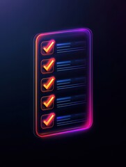 Poster - A glowing checklist with check marks, set against a dark background, symbolizing completion and organization in a modern design.