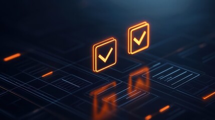 Poster - The image features glowing checkboxes with checkmarks, set against a dark, digital background, symbolizing completed tasks or approval in a tech context.