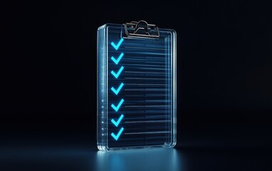 Poster - A transparent clipboard with illuminated blue checkmarks against a dark background, symbolizing completion and organization.