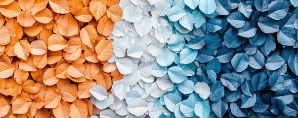 Poster - A vibrant arrangement of textured leaves in orange, white, and blue, creating a visually appealing pattern.