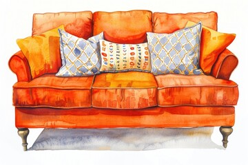 Poster - A watercolor painting of an orange couch with pillows, great for home decor or interior design inspiration