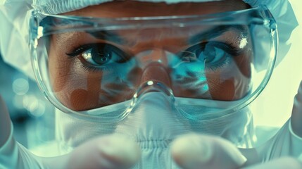 Poster - A person wears a mask and goggles in this close-up shot