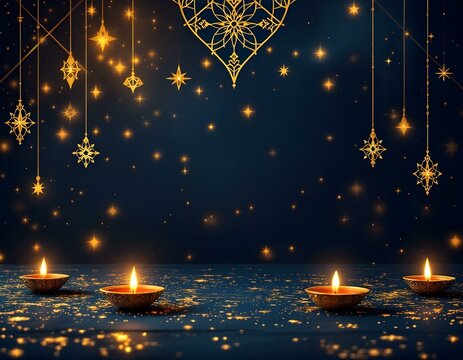 Luxurious Dark Navy Blue Background with Gold Geometric Patterns and Glowing Diyas for Festive Celebrations - Oriental Celestial Theme