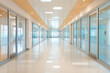 © Layla - Modern Office Hallway with Glass Walls, Polished Floors, and Minimalist Design in Bright, Symmetrical Corporate Interior with Fluorescent Lighting