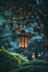 Aufkleber - A lantern hangs from a tree branch in a peaceful park setting, perfect for outdoor events or nature-inspired designs