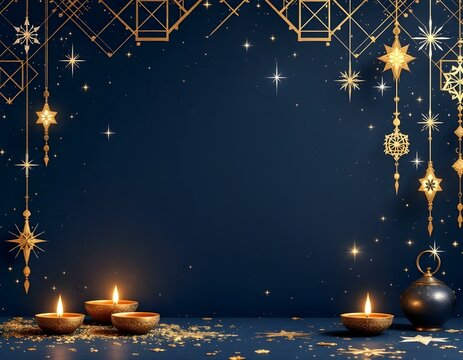 Luxurious Dark Navy Blue Background with Gold Geometric Patterns and Glowing Diyas for Festive Celebrations - Oriental Celestial Theme