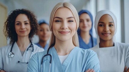 Poster - Diverse group of medical professionals standing together in a hospital corridor, showing unity and inclusivity with a sense of readiness and professionalism with empty space for text