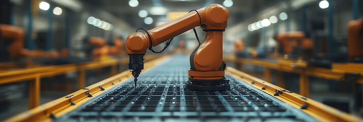 Leinwandbilder - Robotic arm carrying out a precise manufacturing task in a futuristic,high-tech industrial workspace. The arm is equipped with sensors and advanced mechanisms.