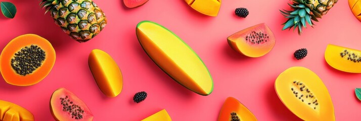 Aufkleber - Slices of brightly colored tropical fruits such as pineapples, mangoes, and papayas are beautifully arranged on a vivid background. Generative AI