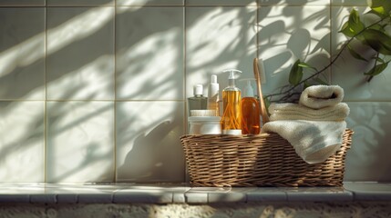 Poster - A woven wicker basket filled with various personal care products, including toiletries and cosmetics