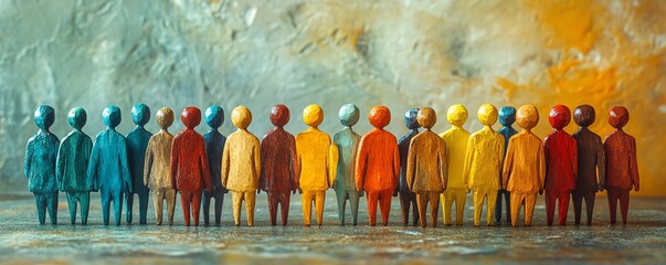 Aufkleber - Artistic arrangement of small wooden figures symbolizing a corporate business team, emphasizing the essence of teamwork, bright colors, engaging composition