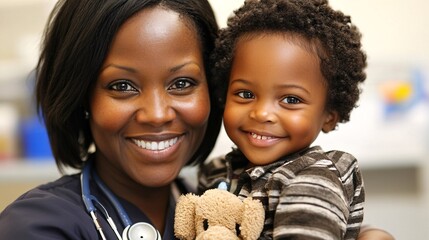 Aufkleber - Pediatric nurse comforting a young patient, offering a stuffed animal as they prepare for a medical exam, emphasizing care and compassion with empty space for text