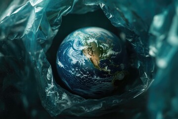 Poster - A close-up shot of the Earth wrapped in a transparent plastic bag, symbolizing environmental concerns