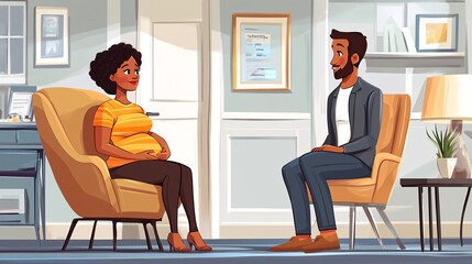 Poster - Doctor conducting a wellness check for a pregnant patient, explaining each step and sharing a warm, supportive interaction in an OB-GYN clinic with empty space for text