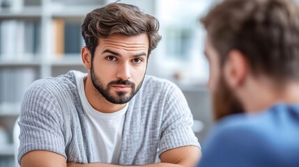 Poster - Mental health professional attentively listening to a client, offering a comforting presence and gentle guidance in a serene, neutral-toned therapy office with empty space for text