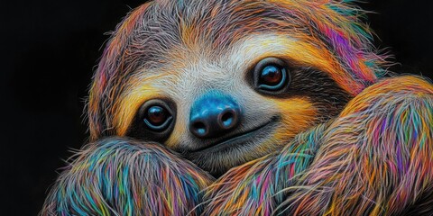 Aufkleber - A close-up view of a sloth's face on a dark black background