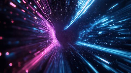 Poster - This 3D rendering features a blue purple light line weaving through a dark background, and a hyperspeed warp in space.