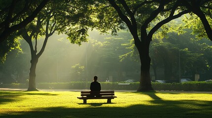 Poster - Person practicing deep breathing techniques in a park, focusing on calm and mental clarity through nature and fresh air with empty space for text